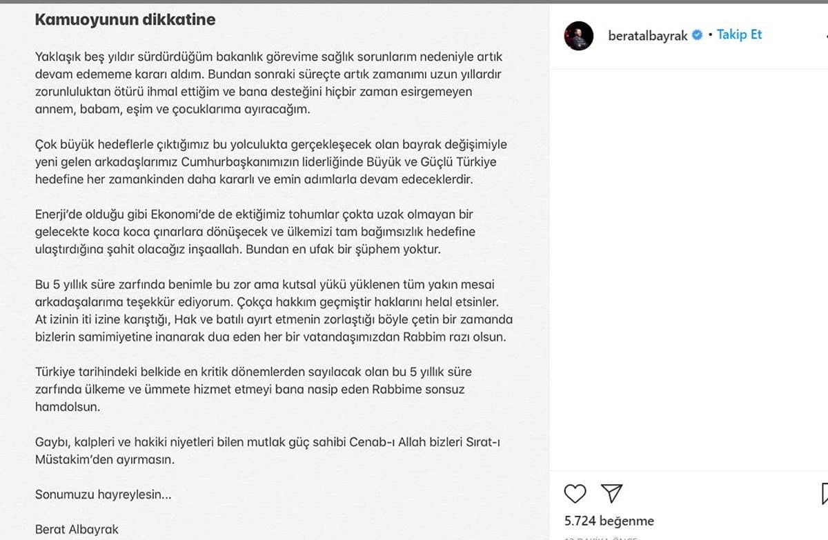 Bakan Berat Albayrak istifa etti