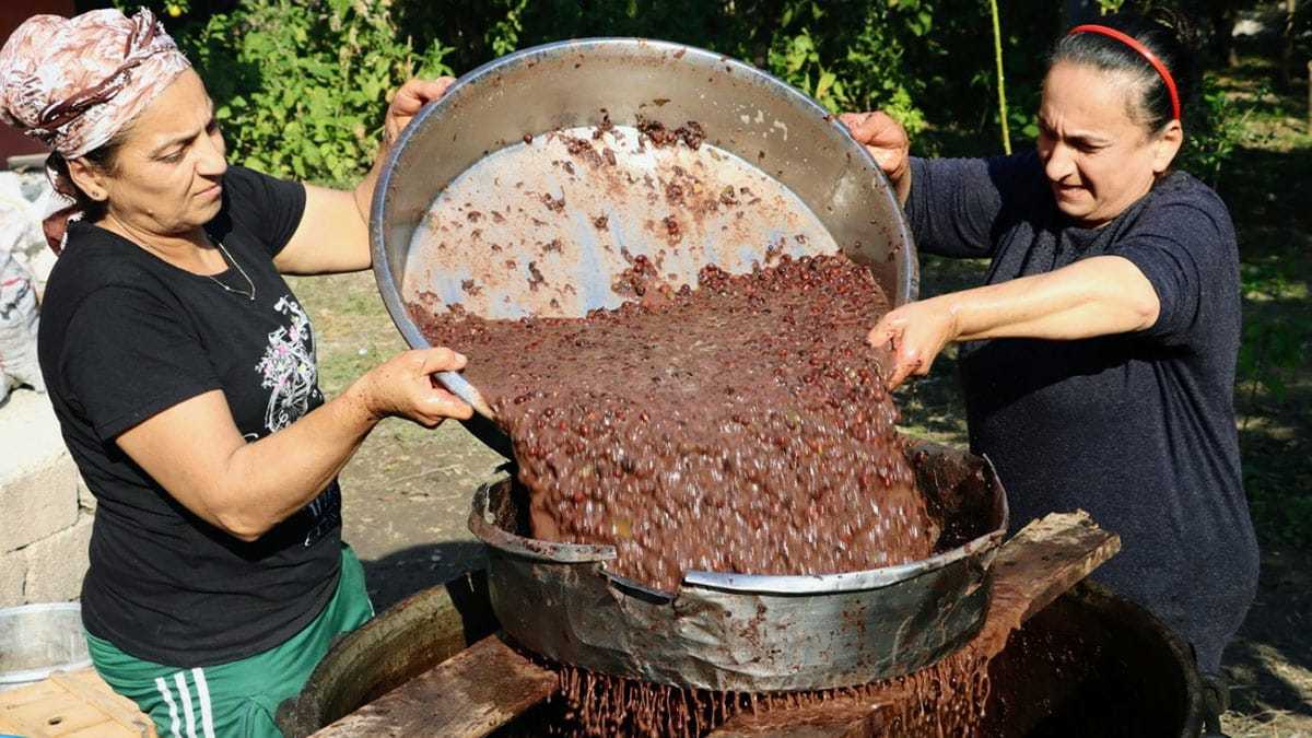 Defne ilçesine bağlı Samankaya Mahallesi'nde geleneksel yöntemlerle defne yağı çıkaran Nahya ve Atra Güzelyurt kardeşler, yağın hazır hale gelmesi için iki gün boyunca emek harcıyor.