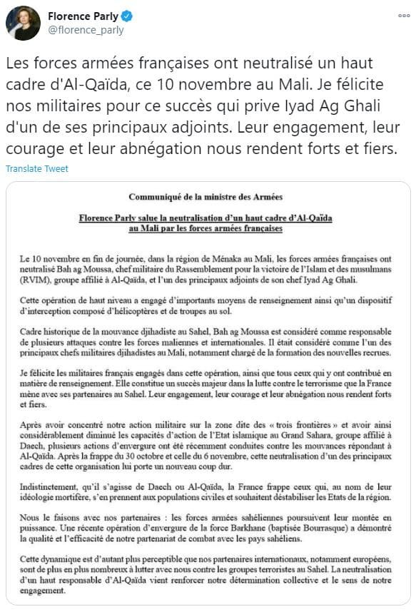 El Kaide'nin bölgedeki üst düzey sorumlarından Bah ag Moussa'nın öldürüldüğünü duyurdu.