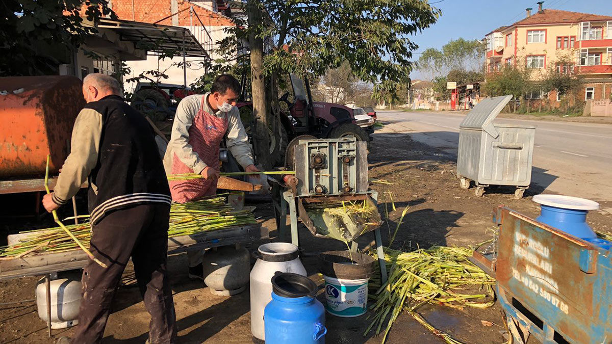 Sakarya’nın Kaynarca ilçesinde Gökhan Öner ve babası Kadir Öner, şeker kamışı sıkmak için makine yaptı.