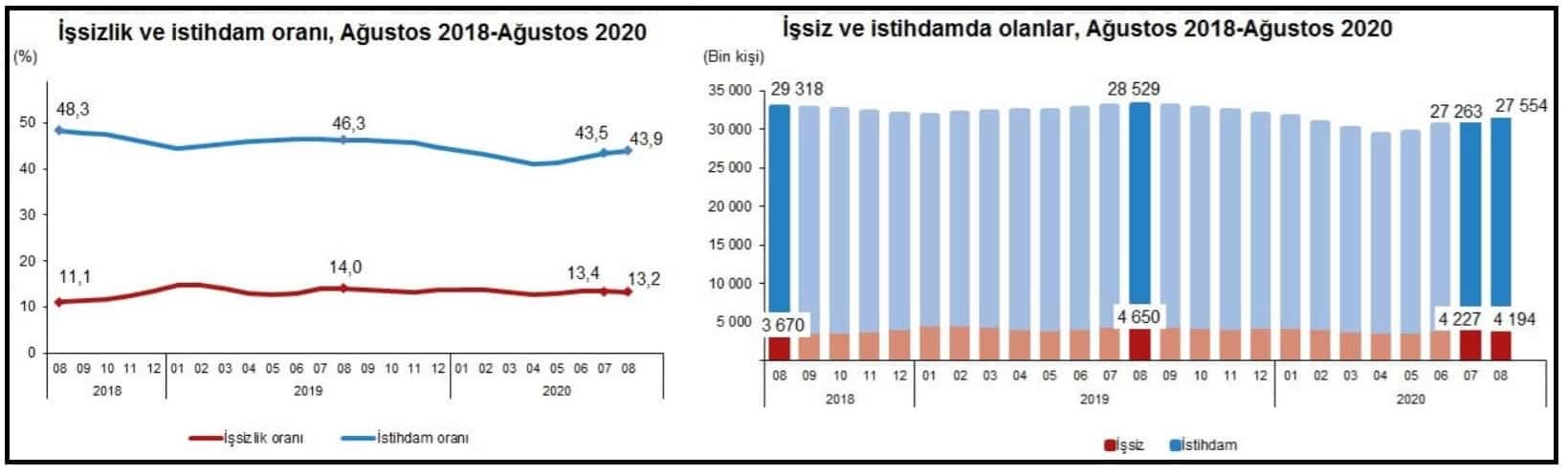 Türkiye İstatistik Kurumu'nun (TÜİK) verilerine göre işsizlik yüzde 13.2'ye, istihdam yüzde 43.9'a geriledi