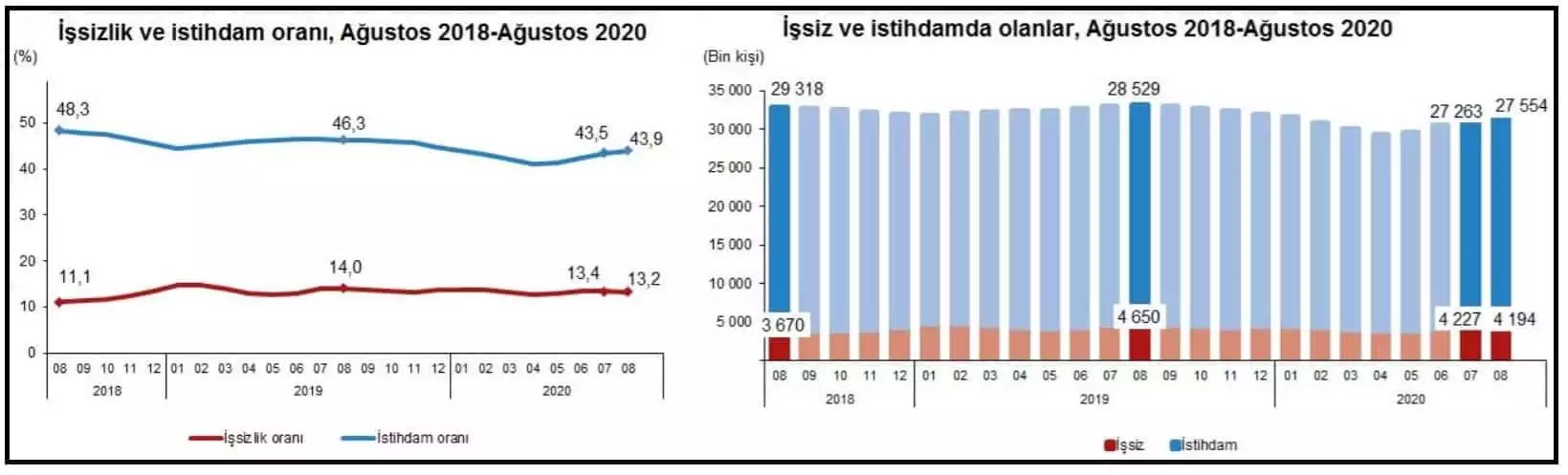 Türkiye i̇statistik kurumu'nun (tüi̇k) verilerine göre işsizlik yüzde 13. 2'ye, istihdam yüzde 43. 9'a geriledi