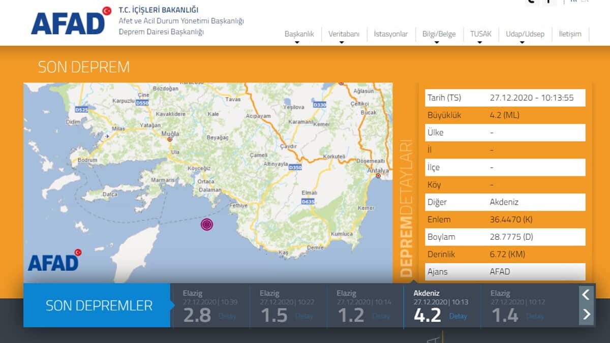 Akdeniz'de 4.2 büyüklüğünde deprem