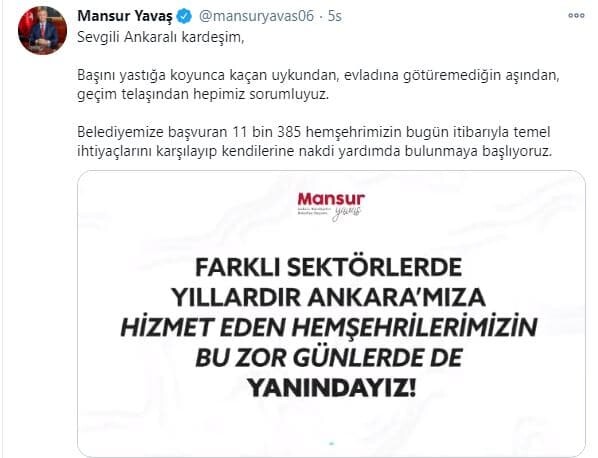 Yavaş, 11 bin 385 hemşehrimizin temel ihtiyaçlarını karşılayıp nakdi yardımda bulunmaya başlıyoruz. Ankara’da kimsenin yatağa aç girmesine müsaade etmeyeceğiz.
