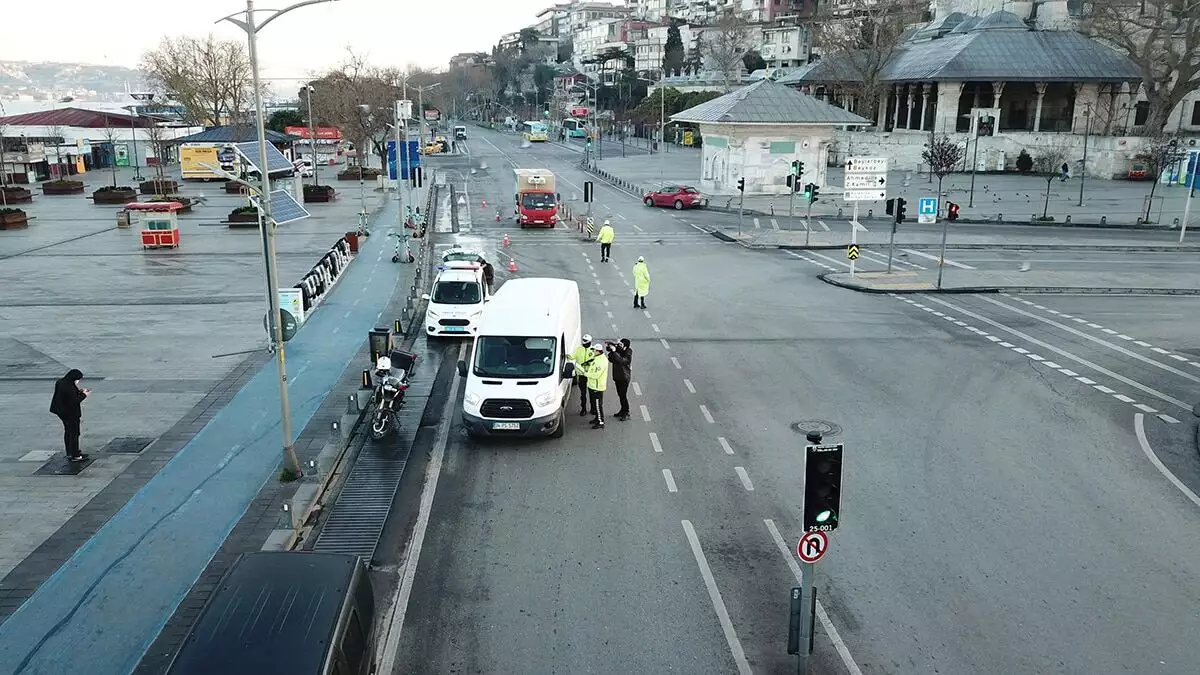 Boş kalan meydanlar ile polis ekiplerinin yaptığı denetimler havadan görüntülendi.