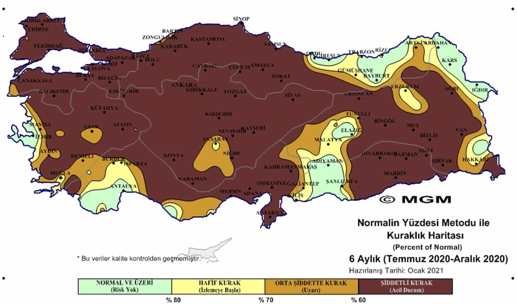 Meteoroloji Genel Müdürlüğü, Standart Yağış İndeksi (SPI - Standardized Precipitation Index) ve Normalin Yüzdesi (PNI - Percent of Normal Index) metotlarına göre, aralık ayı haritası ile birlikte 2020 yılının 12 aylık, 3, 6 ve 9 aylık meteorolojik kuraklık analiz haritalarını yayınladı. Kuraklık haritalarına göre, Türkiye'nin özellikle yılın ikinci yarısında beklenen yağışları alamadığı görüldü.