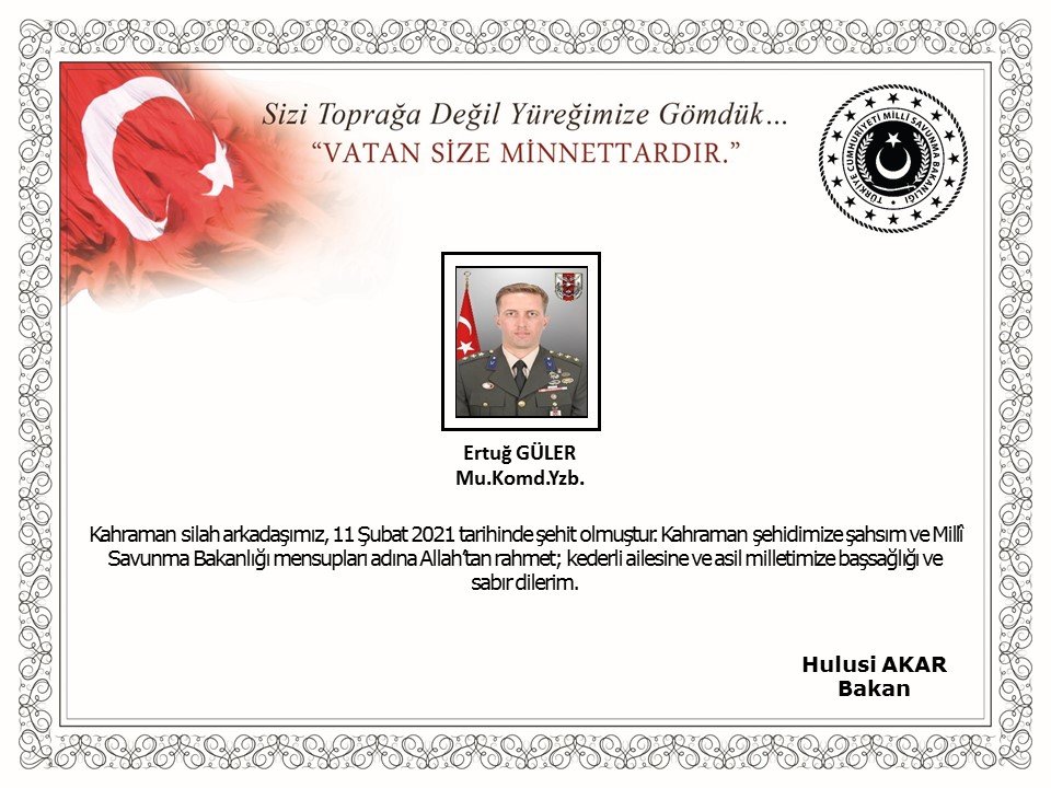 Milli Savunma Bakanlığı, Pençe Kartal-2 Harekâtı'nda teröristlerle girilen çatışmada yaralanan yüzbaşının şehit olduğunu açıkladı.