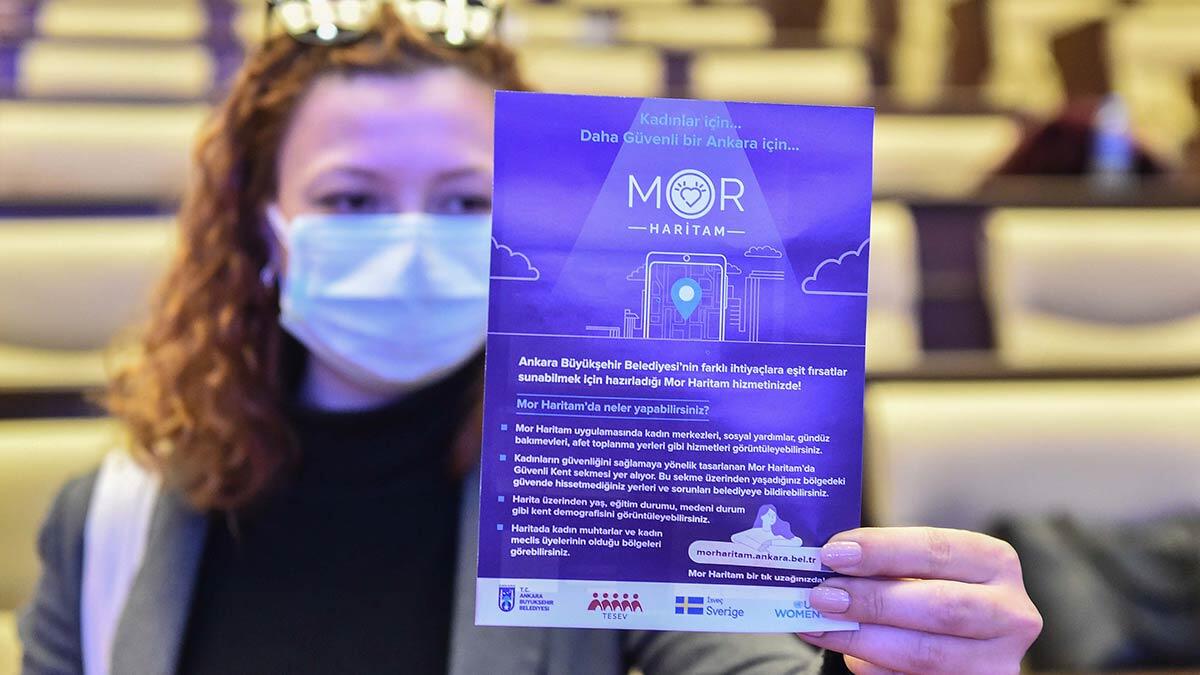 Büyükşehir Belediyesinin kadın merkezleri, sosyal yardımlar, gündüz bakımevleri gibi toplumsal cinsiyete duyarlı hizmetlerini gösteren “MOR Haritam” uygulaması sadece Ankara’nın değil tüm Türkiye’nin kadınlar için daha güvenli hale getirilmesine katkı sağlayacak.