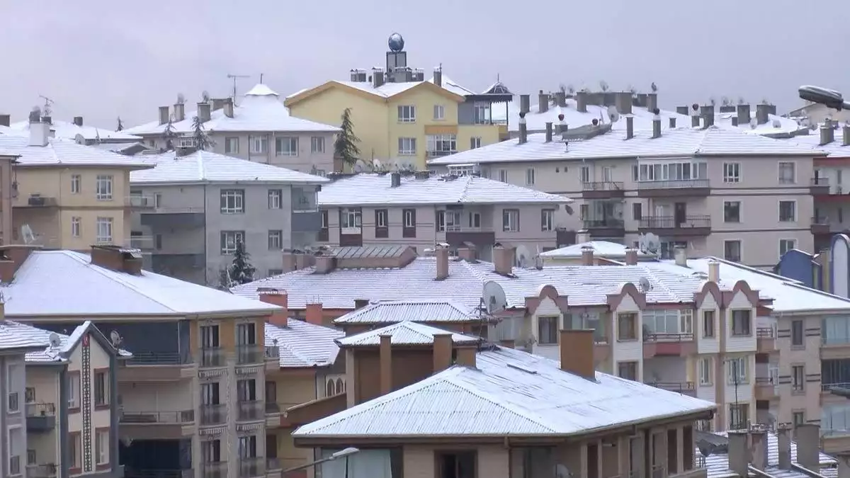 Kent merkezinde de yeşil alanlar, binaların çatıları beyaz örtüyle kaplandı.