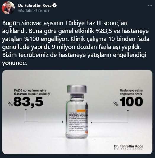 Sinovac aşısının genel etkinliği yüzde 83.5