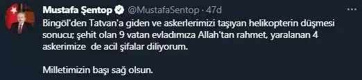 Bitlis'te meydana gelen helikopter kazasında şehit olan askerler için başsağlığı mesajı paylaşıldı.