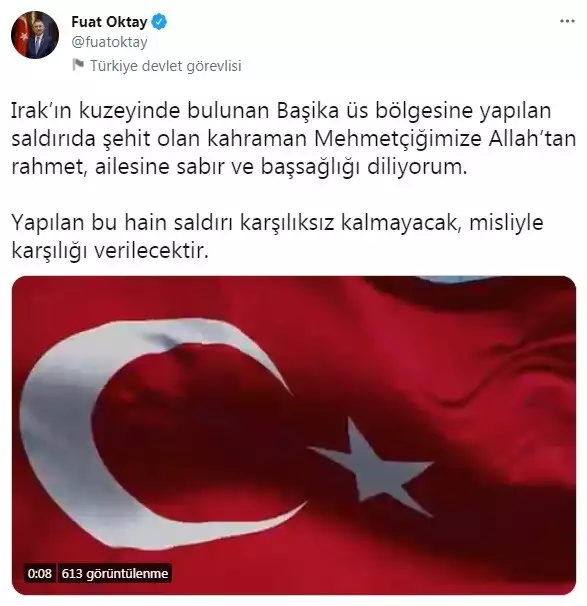 Oktay, mehmetçiğimize allah'tan rahmet, ailesine sabır ve başsağlığı diliyorum. Yapılan bu saldırı karşılıksız kalmayacak, misliyle karşılığı verilecektir dedi.