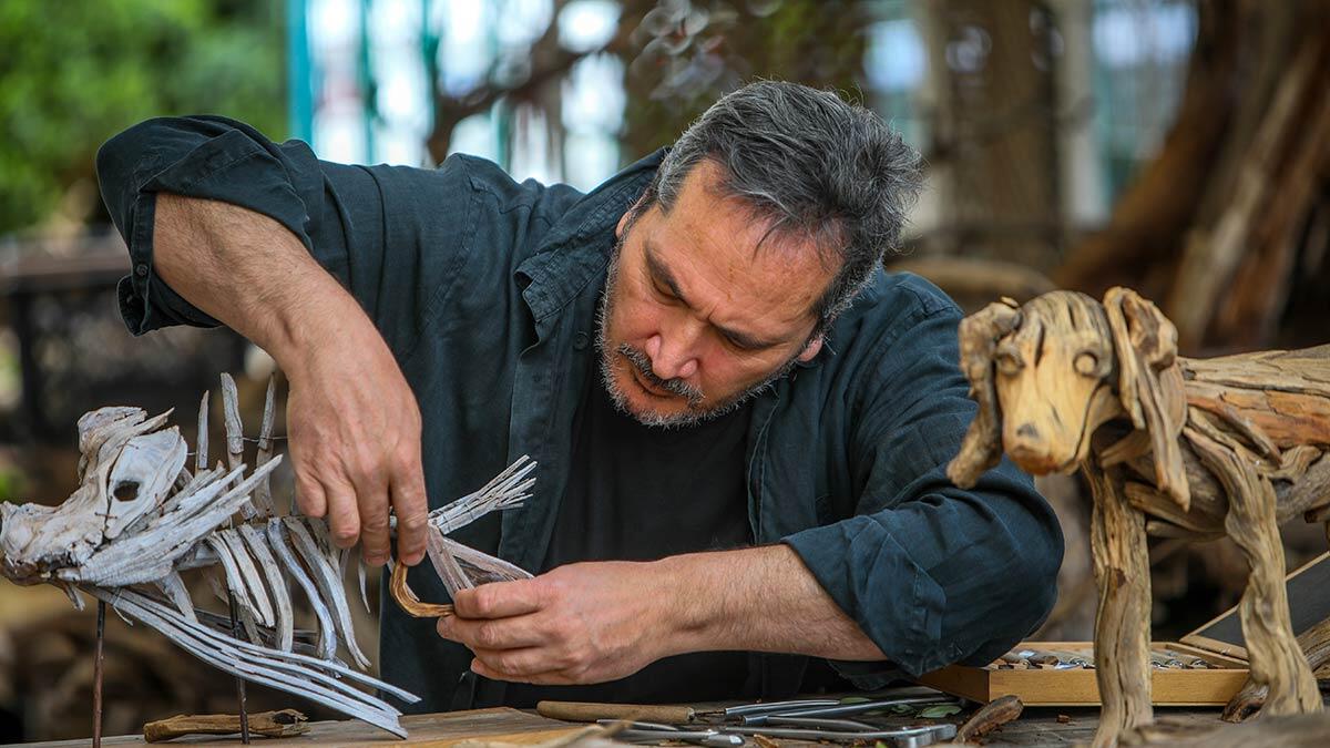 Atölyeye çevirdiği bahçede kuru ağaç dallarından ve geri dönüşüm malzemelerinden heykeller yapan Ceylan, Japonya'nın bitki şekillendirme sanatı 'bonzai'yi de uyguluyor.