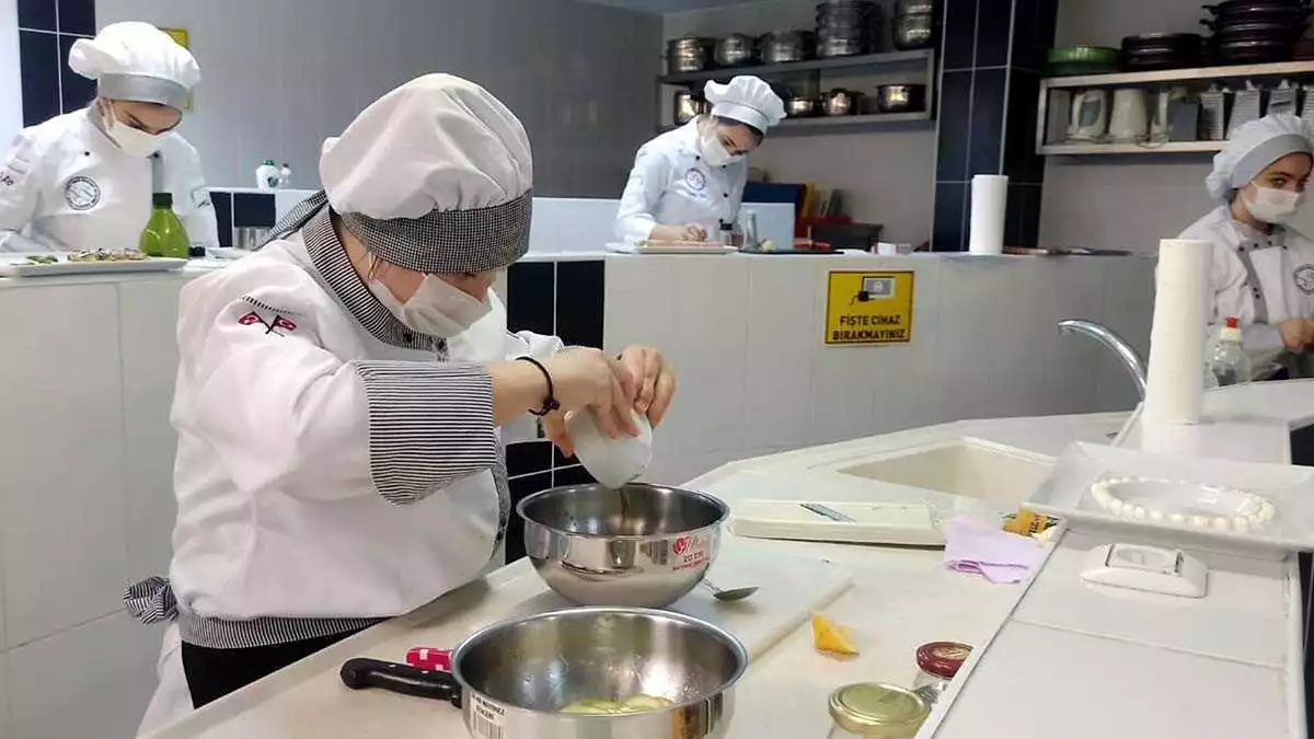 Türkiye'de 7 farklı okuldan biri olan çiğli i̇mkb mesleki ve teknik anadolu lisesi yiyecek i̇çecek hizmetleri alanı'ndan 9 öğrenci, vegan yemeklerini öğrenerek, kendi tarifleriyle yemekleri hazırladı.