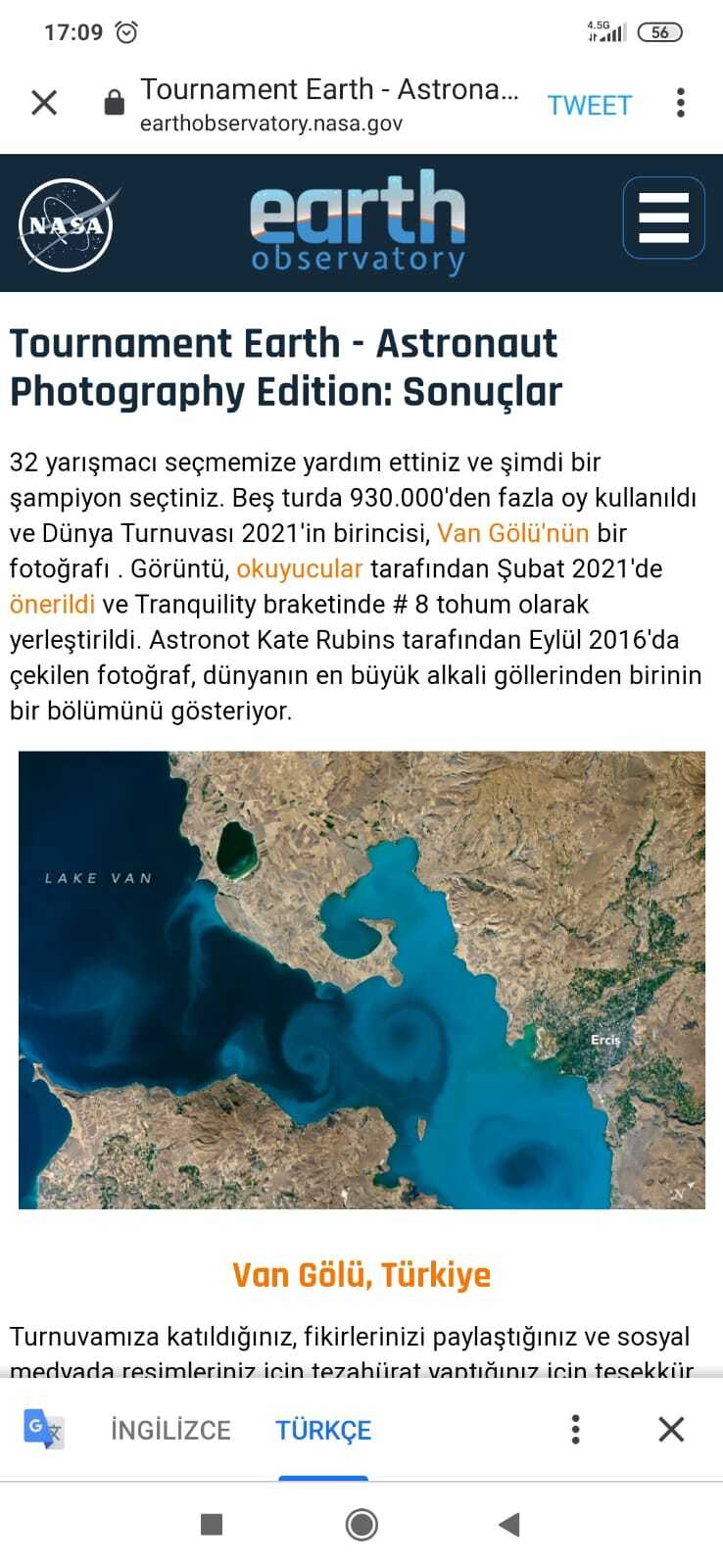 Van Gölü'nün uzaydan fotoğrafı birinci oldu