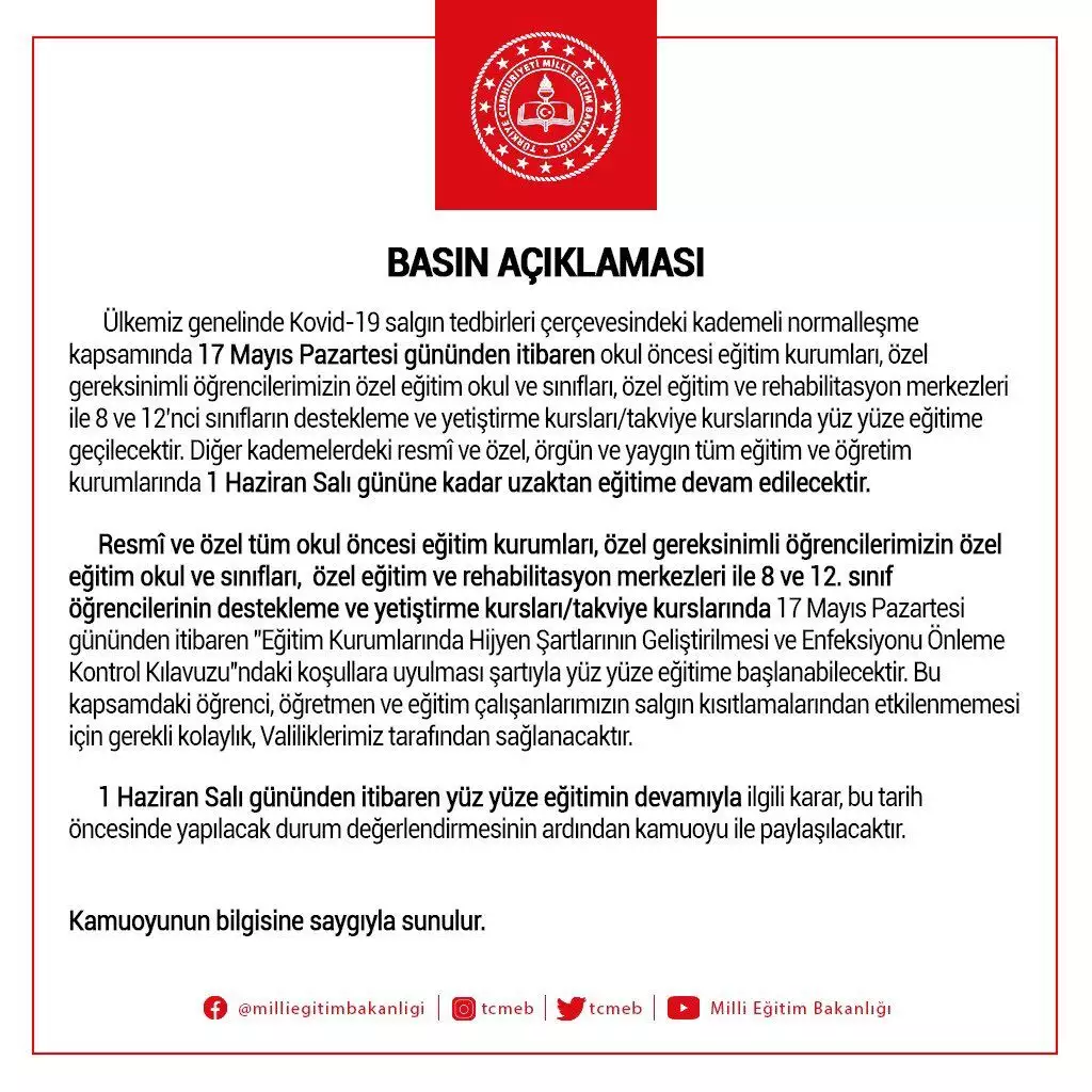 Meb'den yüz yüze eğitim açıklaması