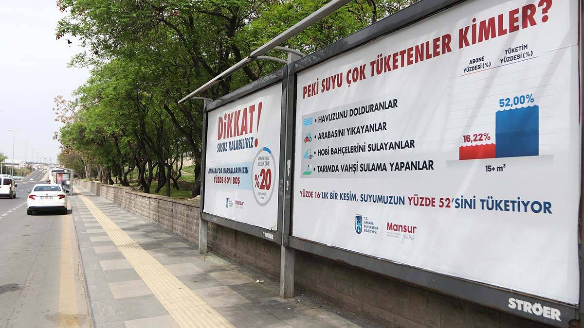 Ankara Büyükşehir Belediyesi'nce kentin farklı noktalarındaki reklam panolarından 'Susuz kalabiliriz. Ankara'da barajlarımızın % 80'i boş' uyarısı yapıldı.