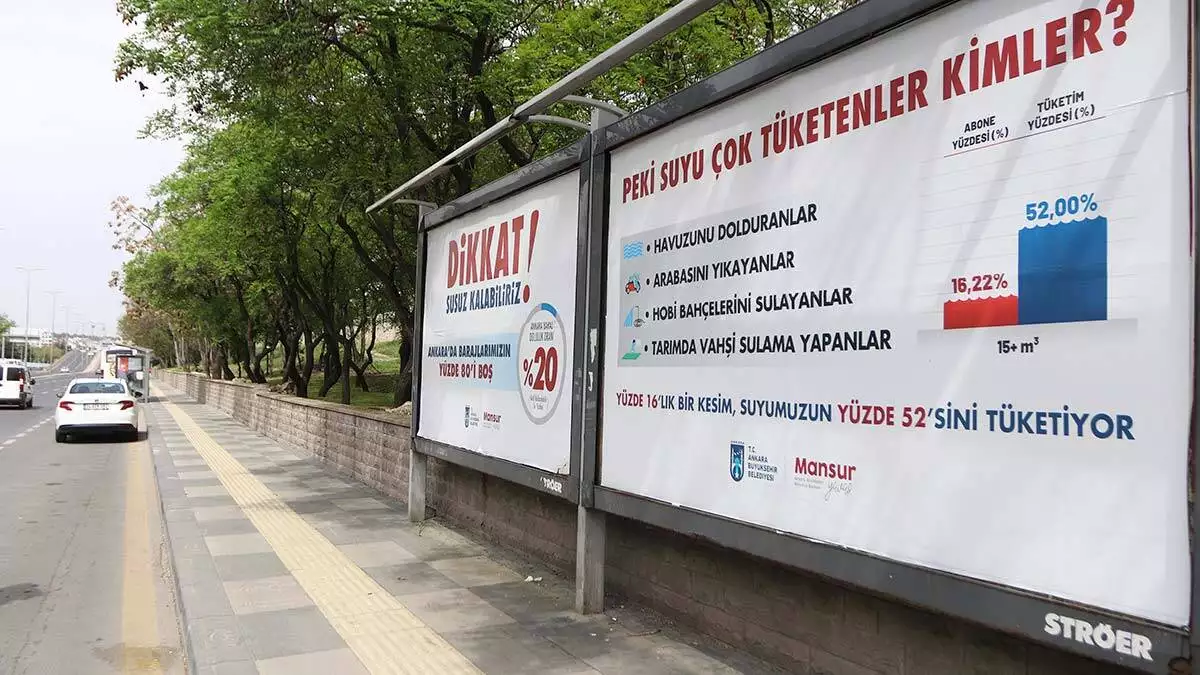 Ankara büyükşehir belediyesi'nce kentin farklı noktalarındaki reklam panolarından 'susuz kalabiliriz. Ankara'da barajlarımızın % 80'i boş' uyarısı yapıldı.