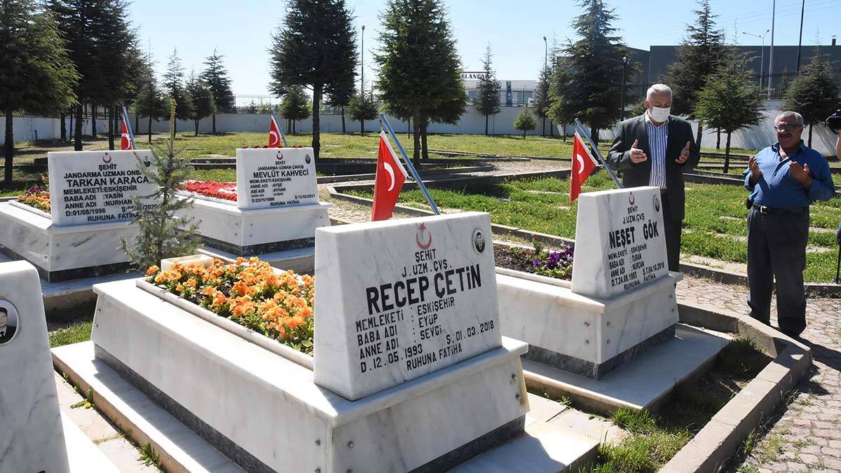 Eskişehir'de, koronavirüs tedbirleri kapsamında uygulanan tam kapanmadan muaf şehit yakınlarının şehitlikte hüzünlü ziyaret.