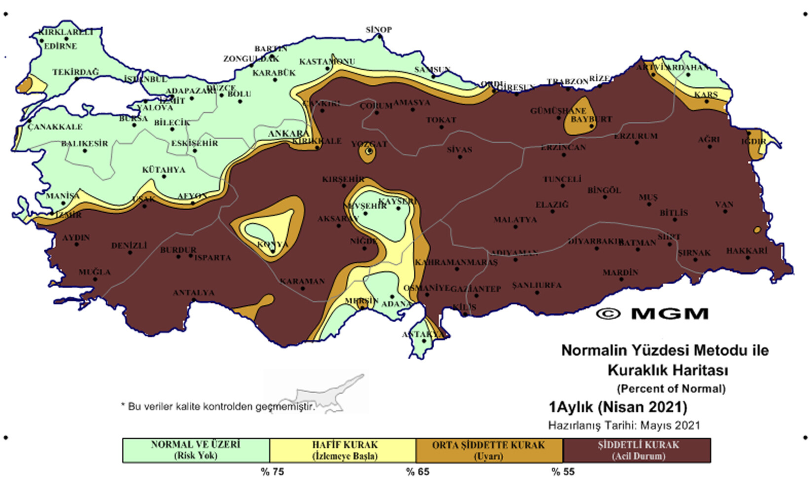 Türkiye'de Doğu Anadolu, Güneydoğu ve Ege'nin güney kesimlerinde şiddetli, çok şiddetli ve olağanüstü kuraklık görüldü.