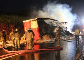 Saman yüklü TIR alev alev yandı
