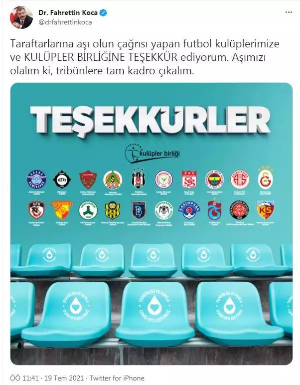 Fahrettin koca: taraftarlarına 'aşı olun' çağrısı yapan futbol kulüplerimize ve kulüpler birliğine teşekkür ediyorum. Aşımızı olalım ki, tribünlere tam kadro çıkalım.