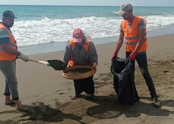 Samandağ sahilinde petrol atıkları elekle temizleniyor