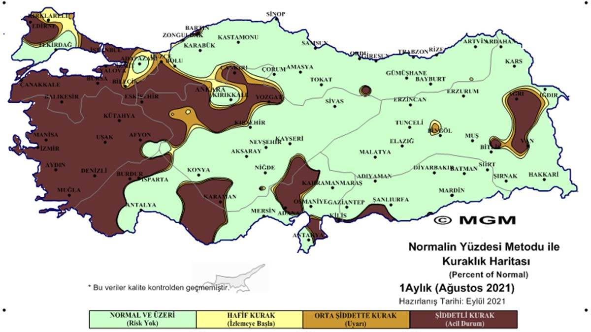 Meteoroloji Genel Müdürlüğü'nün Ağustos Ayı Kuraklık Analiz raporları yayımlandı. Ağustos ayında 'şiddetli kuraklık' yaşandı.