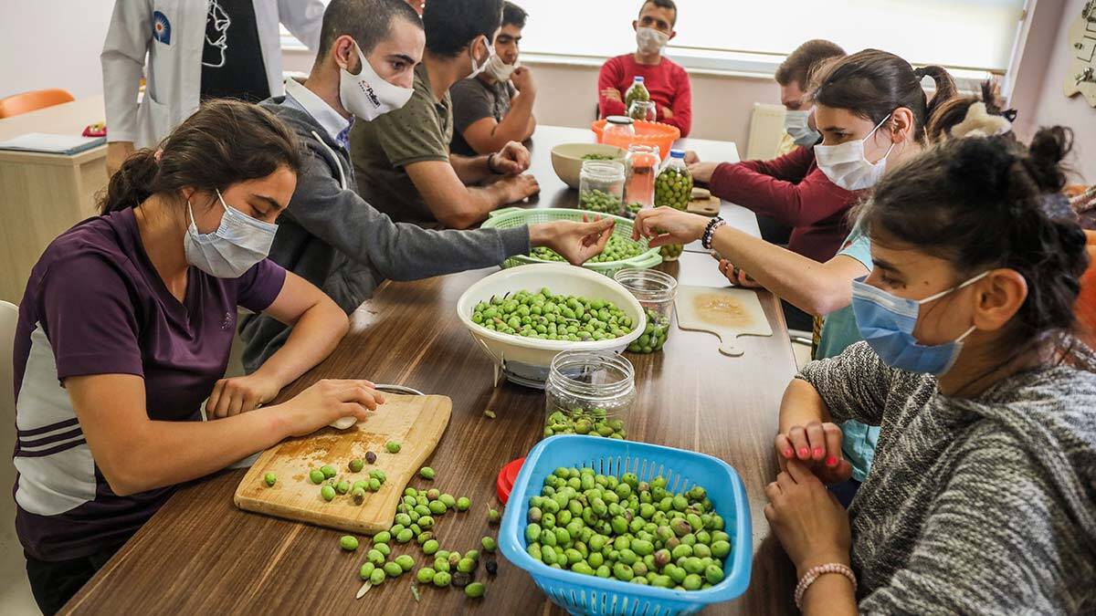 Toplanan zeytinler, merkezin günlük yaşam becerileri atölyesinde tatlandırılmak üzere çocuklar tarafından kuruldu