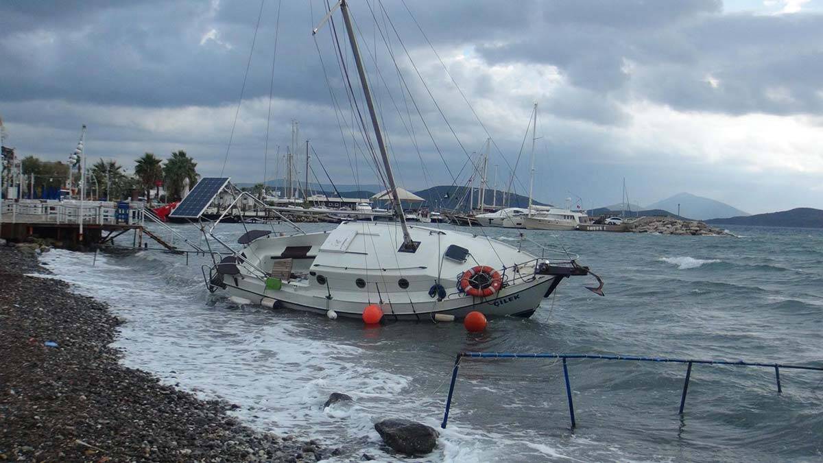 Bodrum'da rüzgardan sürüklenen tekne karaya oturdu