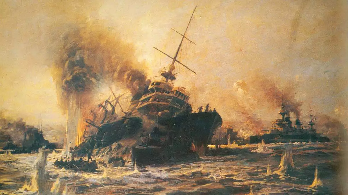 Bovet zırhlısı - nusrat mayın gemisi'nin döşediği mayınlara çarparak aldığı hasar sonucunda batıyor.