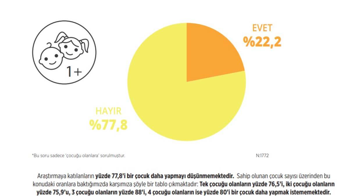 Araştırmada, katılımcıların yüzde 77,8'inin bir çocuk daha yapmayı düşünmediği ortaya çıktı