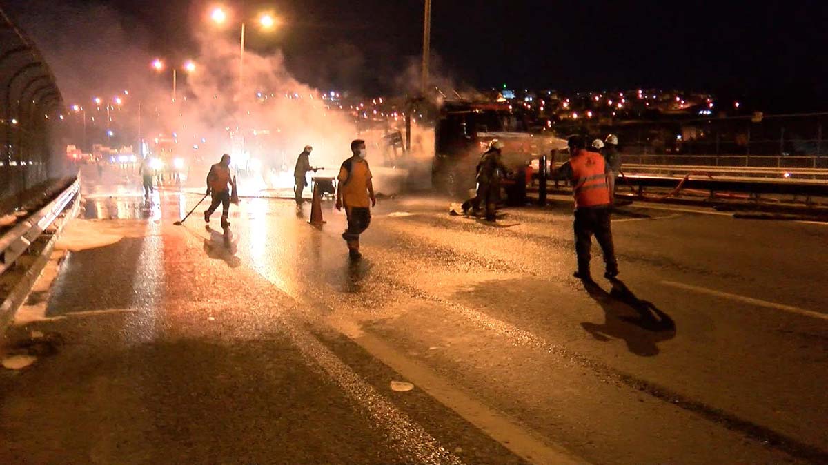 TEM'de oksijen tüpü yüklü kamyonda yangın
