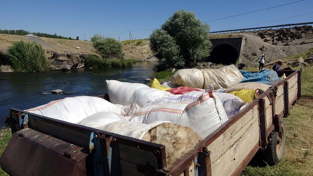 Yün yüklü traktör çaya yuvarlandı