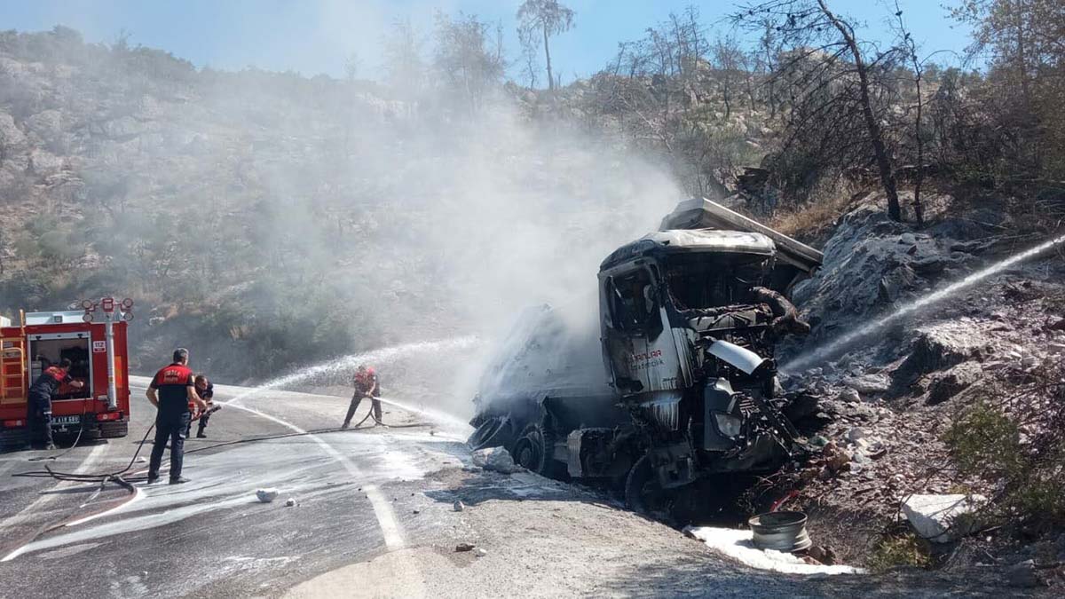 Şarampole devrilen kamyon alev alev yandı, şoför öldü