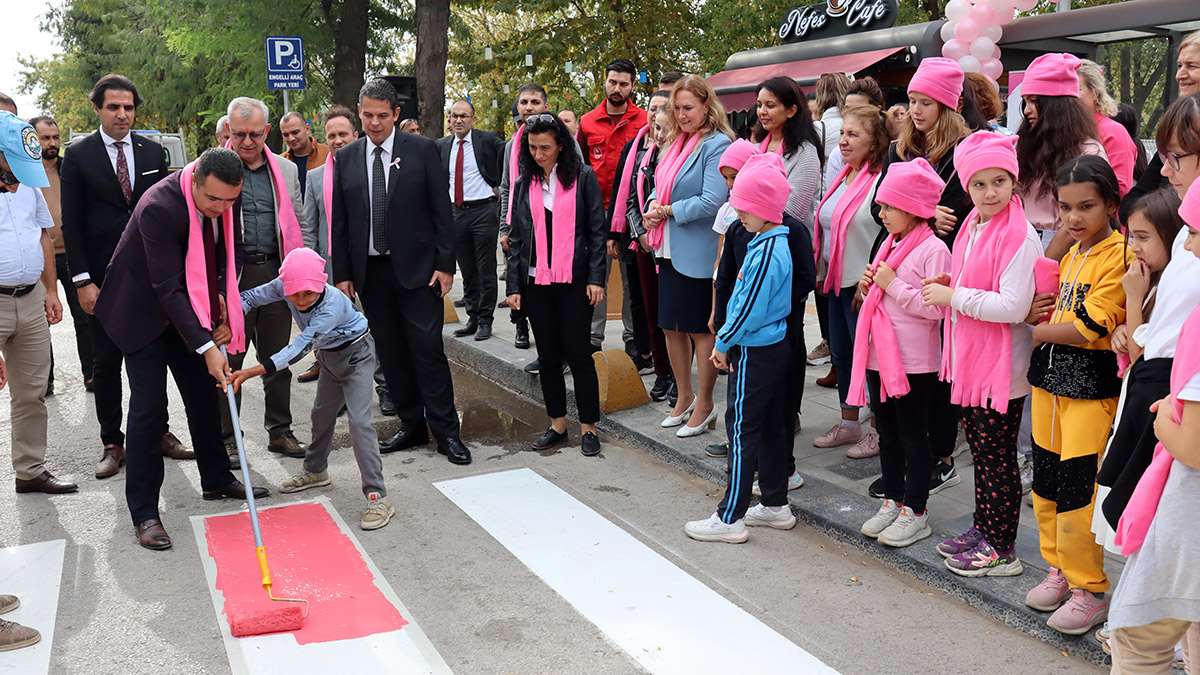 Edirne'de yaya geçidi pembeye boyandı