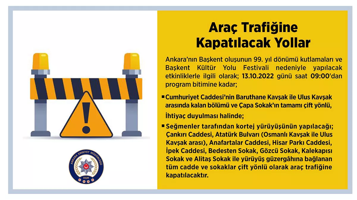 Ankara'da bazı yollar trafiğe kapatılacak