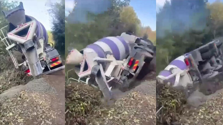 Toprak kaymasıyla beton mikseri ormana devrildi