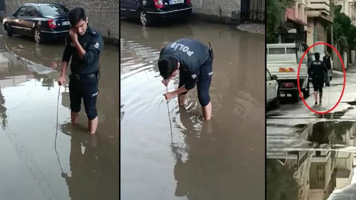 cYağmurda tıkanan kanalizasyonu komiser açtı