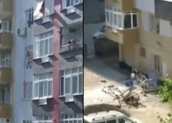 İskelesi çöken işçi kemeriyle havada asılı kaldı
