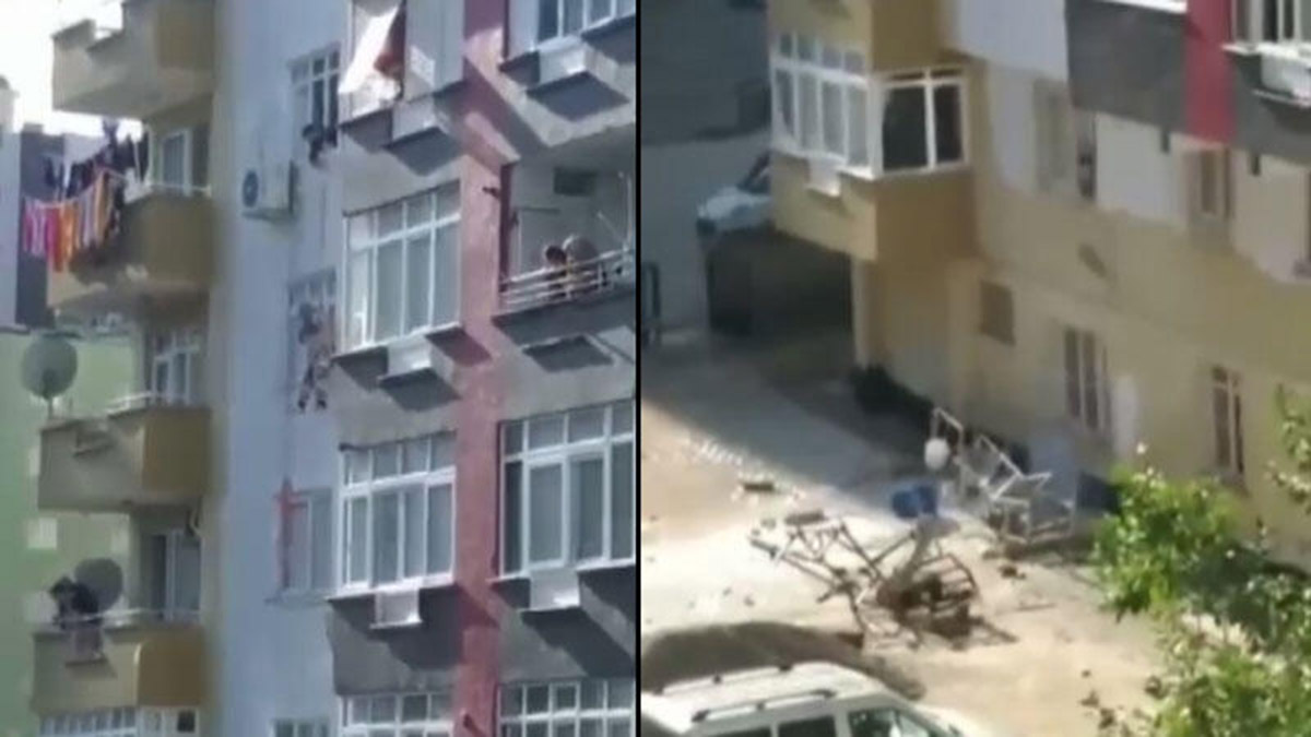 İskelesi çöken işçi kemeriyle havada asılı kaldı