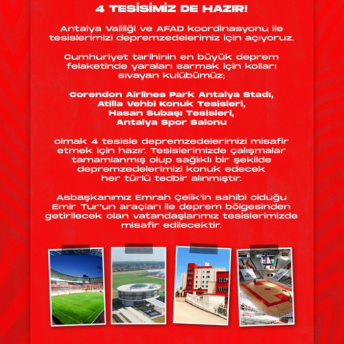 Antalyaspor Kulübü 4 tesisini depremzedeler için açtı