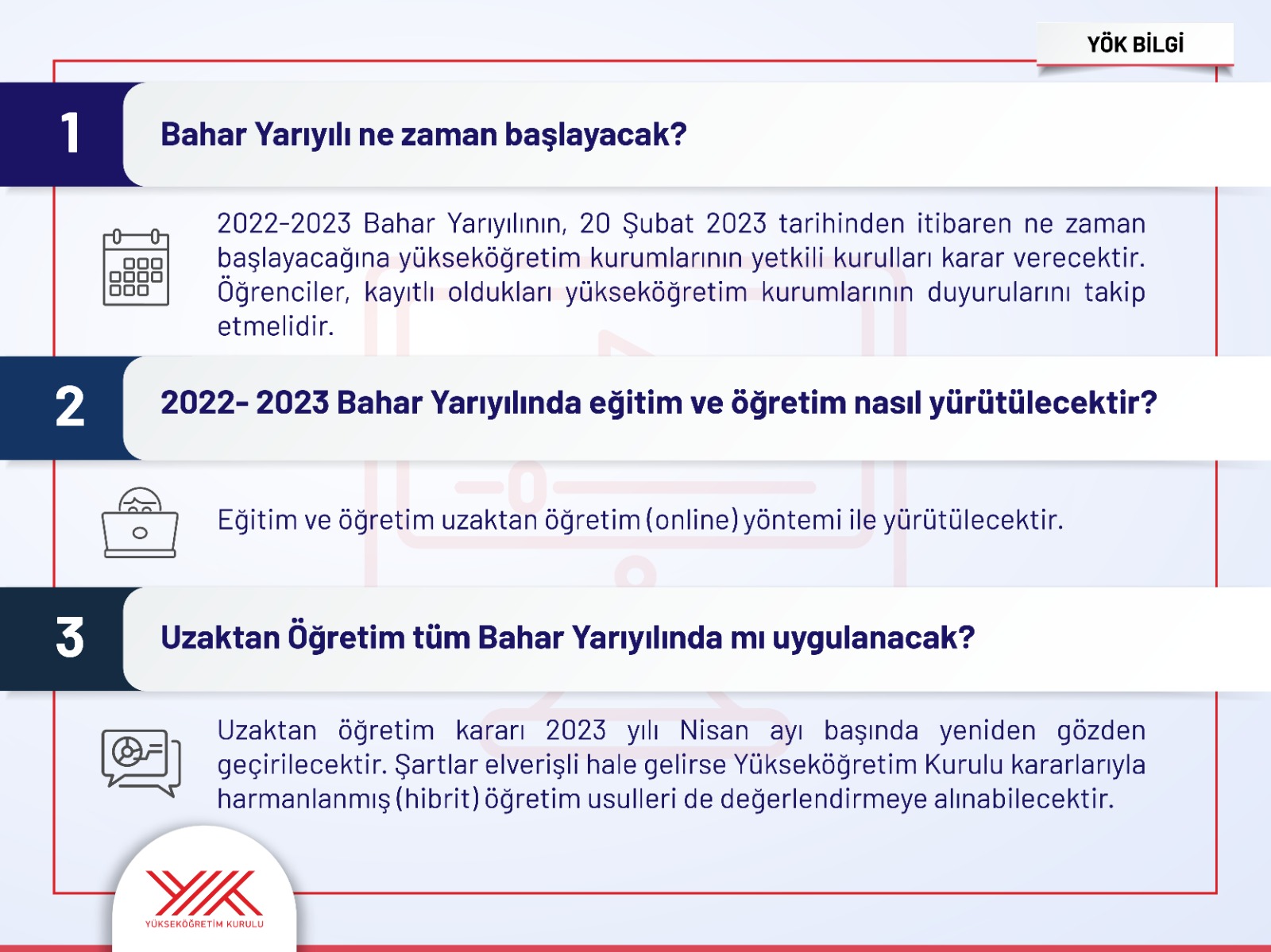 Yükseköğretim Kurulu (YÖK), üniversitelerde bahar yarıyılı dönemine ilişkin merak edilen 16 soruya yanıt verdi.