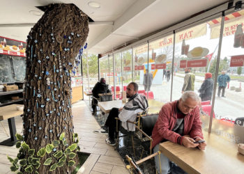 Kafenin ortasından yükselen ağaç dikkat çekiyor