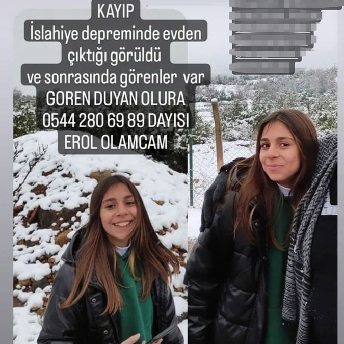 Kahramanmaraş merkezli ilk depremde Gaziantep’in İslahiye ilçesinde oturduğu binanın yıkılması sonucu annesi, eşi, 3 çocuğu ve kayınvalidesini kaybetti, kayıp kızını arıyor.