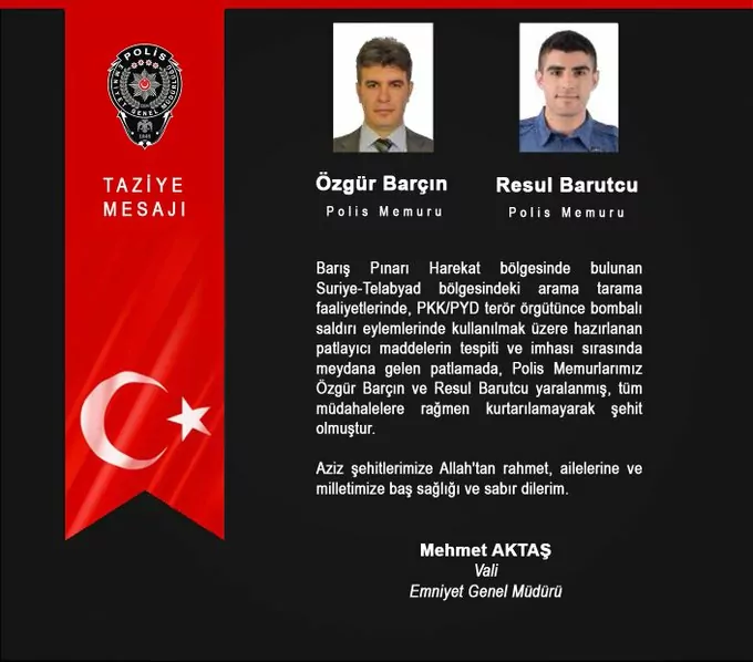 Suriye'nin tel abyad kentinde terör örgütü pkk/pyd'nin bombalı eylemlerde kullanmak üzere hazırlandığı patlayıcıların bulunup, imha edilmesinde sırasında yaşanan patlamada 2 türk ile 1 suriyeli yerel polis şehit oldu, 7'si türk 11 polis de yaralandı.