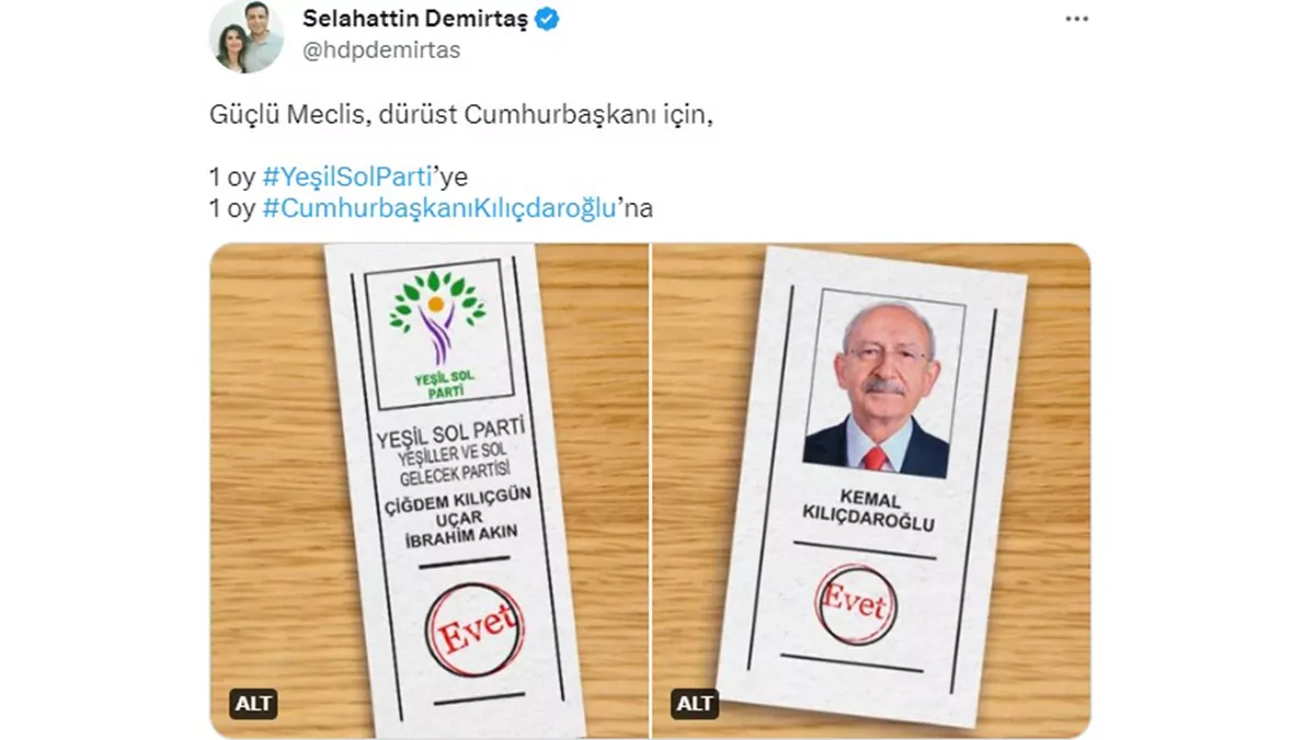 Demirtaş'tan kılıçdaroğlu paylaşımı; benim oyum sizedir, cumhurbaşkanı kılıçdaroğlu