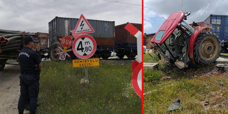 Trenin çarptığı traktörün sürücüsü yaralandı
