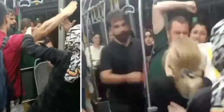 Metrobüste tekme tokat kavga kamerada