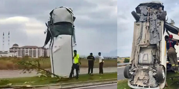 Savrulan kamyonet refüjde dik durdu